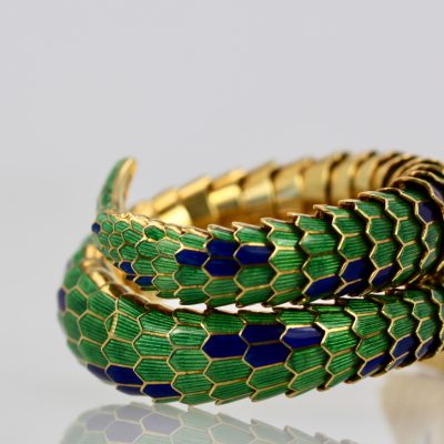 Enamel Articulated Snake Serpent Bracelet Diamond Head 18K #2