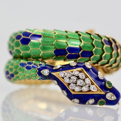 Enamel Articulated Snake Serpent Bracelet Diamond Head 18K