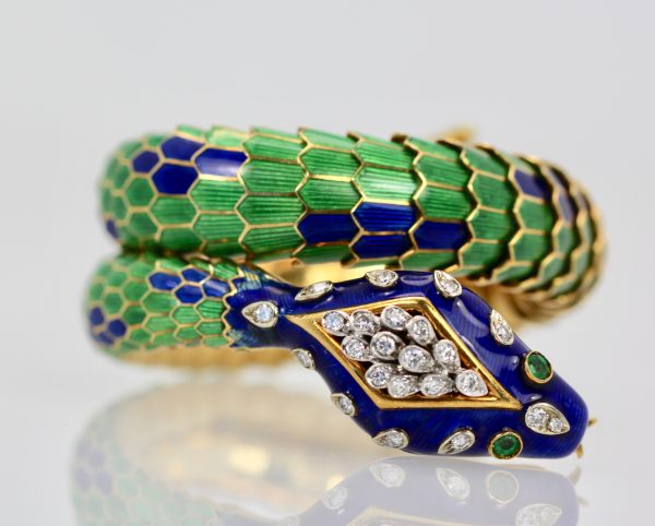 Enamel Articulated Snake Serpent Bracelet Diamond Head 18K