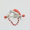 Platinum Diamond Coral Pearl Parrot Brooch on Bar Branch