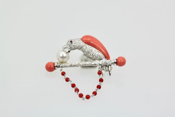 Platinum Diamond Coral Pearl Parrot Brooch on Bar Branch