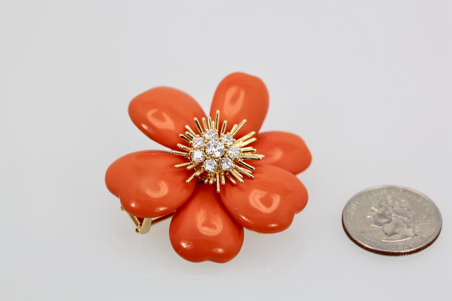 Rose de Noel Coral Diamond Brooch – size comparison