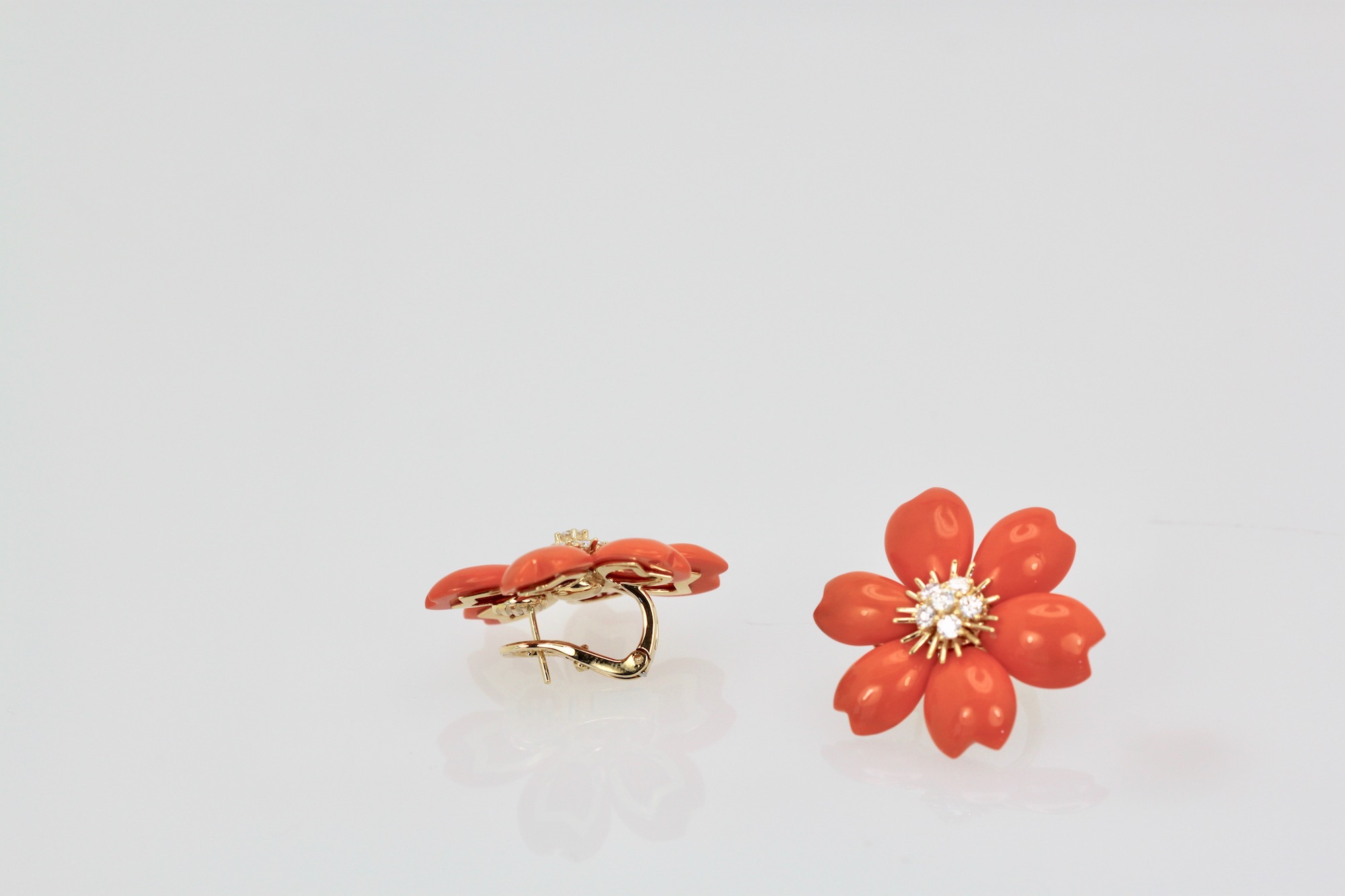 Rose de Noel Coral Diamond Earrings – side and front