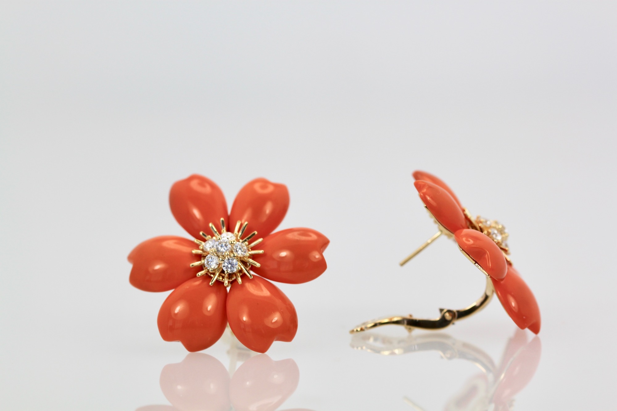 Rose de Noel Coral Diamond Earrings – front and side