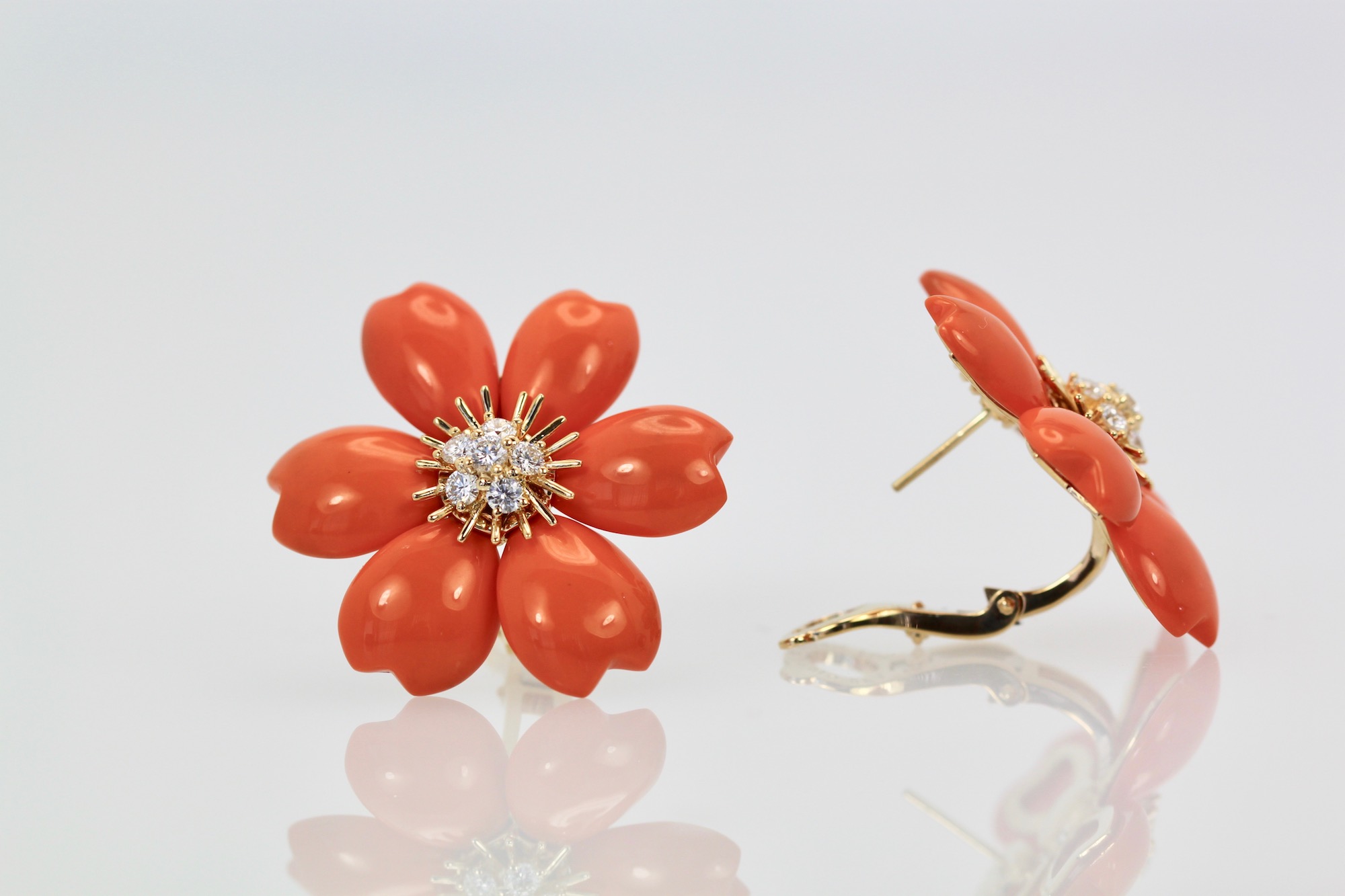 Rose de Noel Coral Diamond Earrings – front and side close up