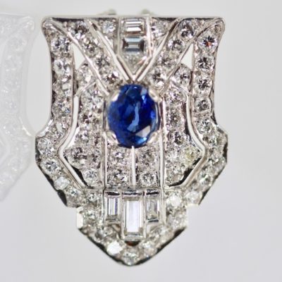 Platinum Deco Diamond Sapphire Shield Brooch