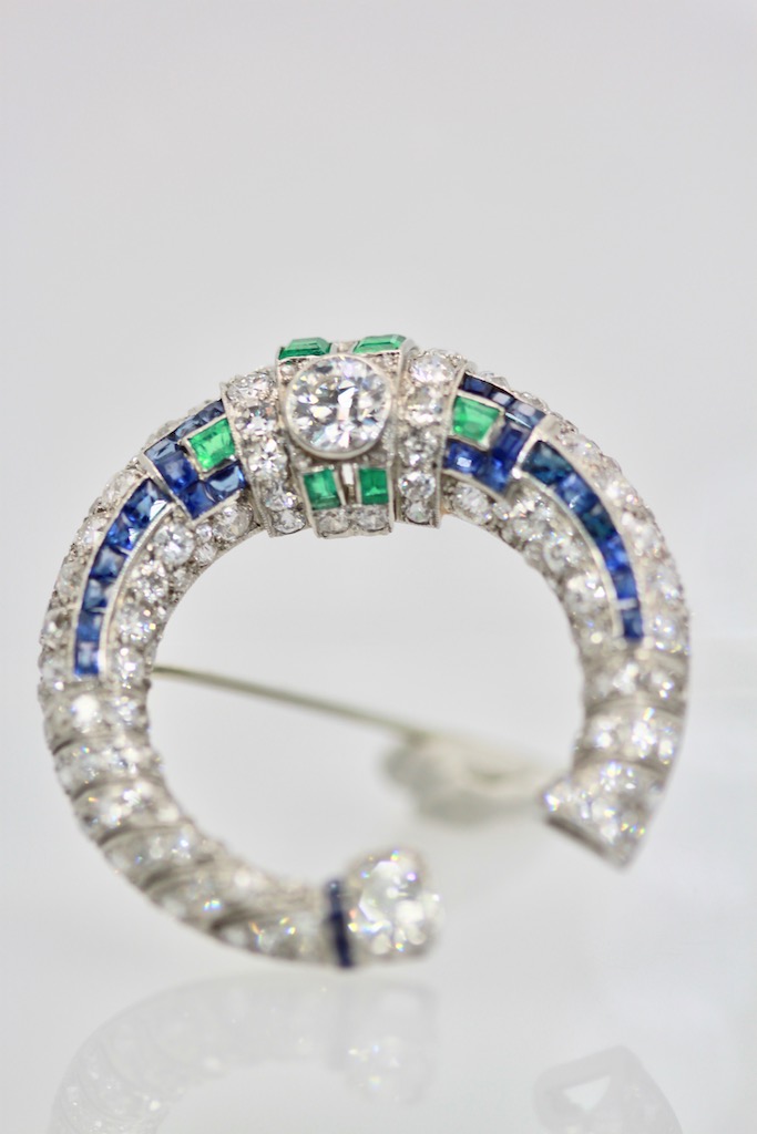 Platinum Deco Sapphire Emerald Diamond Crescent Brooch-3