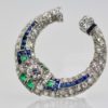 Platinum Deco Sapphire Emerald Diamond Crescent Brooch-6