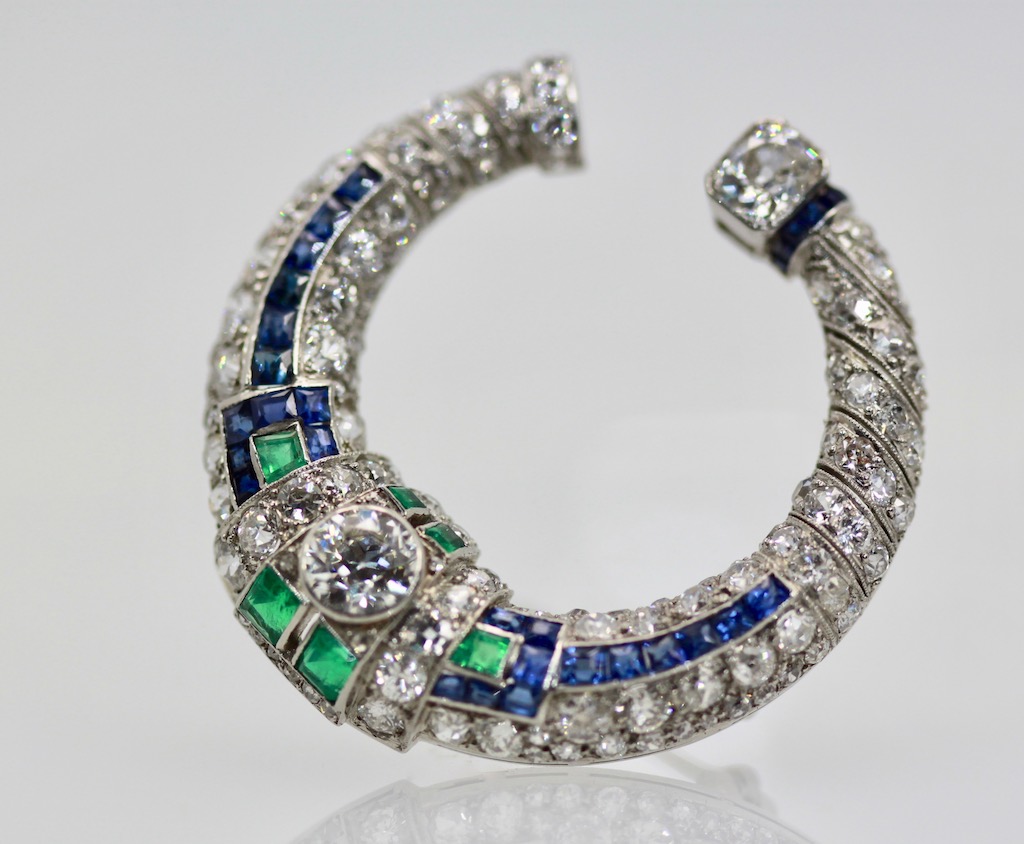 Platinum Deco Sapphire Emerald Diamond Crescent Brooch-6