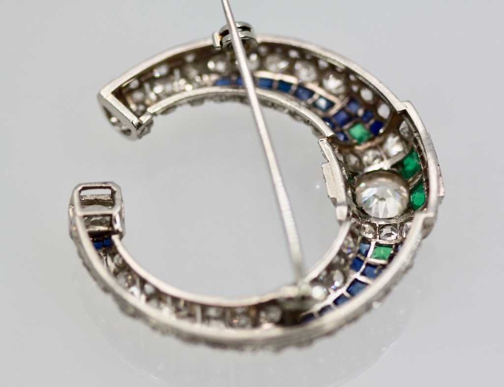 Platinum Deco Sapphire Emerald Diamond Crescent Brooch-5