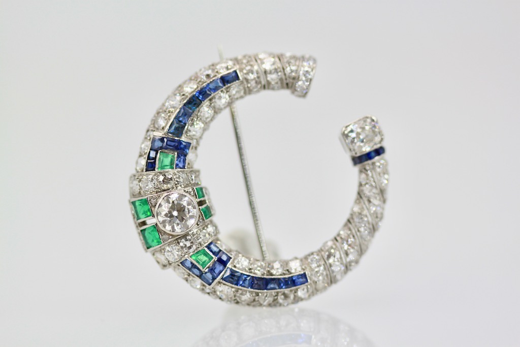 Platinum Deco Sapphire Emerald Diamond Crescent Brooch-7