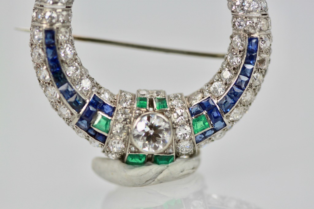 Platinum Deco Sapphire Emerald Diamond Crescent Brooch-8