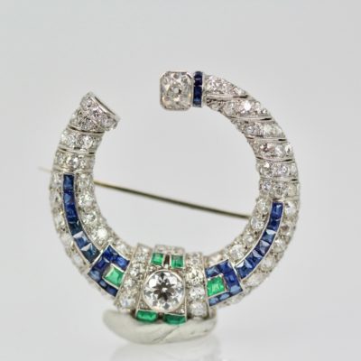 Platinum Deco Sapphire Emerald Diamond Crescent Brooch-9