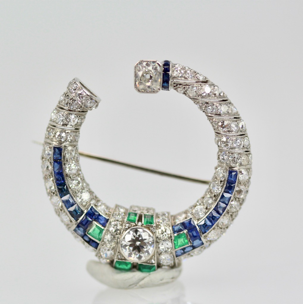 Platinum Deco Sapphire Emerald Diamond Crescent Brooch-10