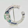 Platinum Deco Sapphire Emerald Diamond Crescent Brooch