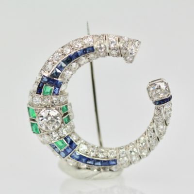 Platinum Deco Sapphire Emerald Diamond Crescent Brooch-11