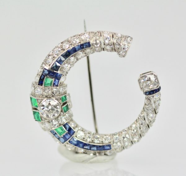 Platinum Deco Sapphire Emerald Diamond Crescent Brooch-11
