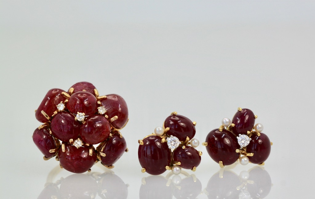 Huge Ruby Cabochon 14K Yellow Gold Ring and earrings #2