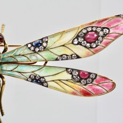 Plique à Jour Huge Diamond Gemstone Dragonfly Brooch 18 Karat