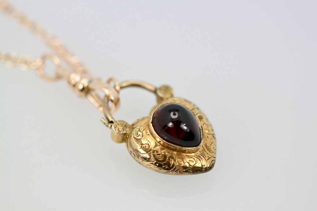 Victorian 19th Century Garnet Heart Memorial Locket on Antique Watch Chain #3