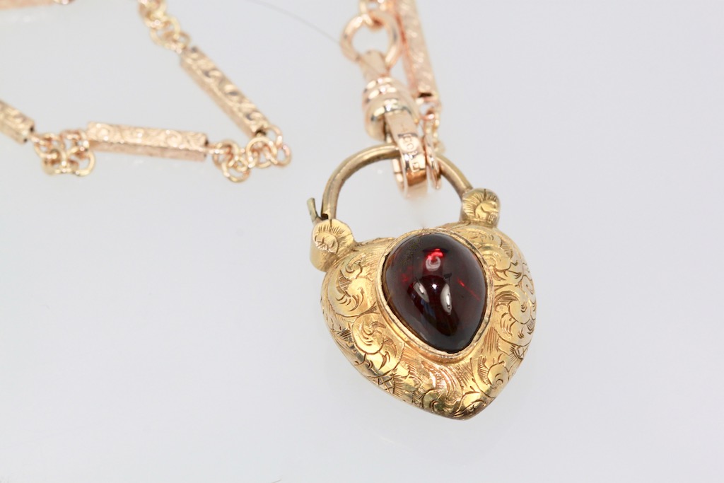Victorian 19th Century Garnet Heart Memorial Locket on Antique Watch Chain #1