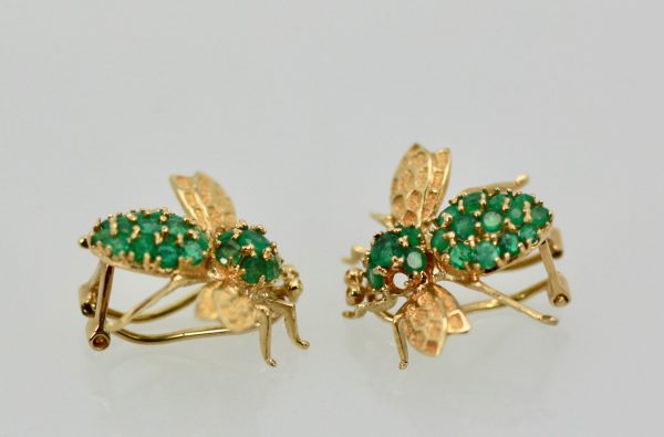 Vintage Emerald Bee Earrings 14K Yellow Gold