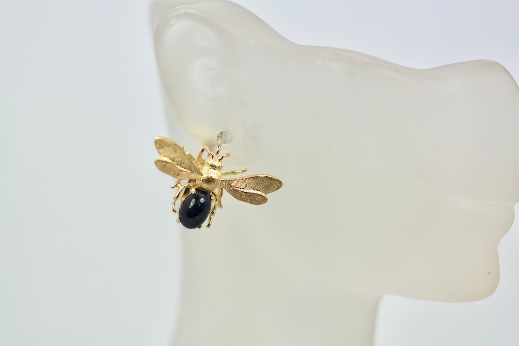 Sapphire Cabochon Fly, Bee, Insect Earrings 18K on ear