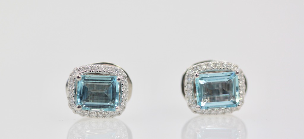 Aquamarine Earrings with a Diamond Surround – close