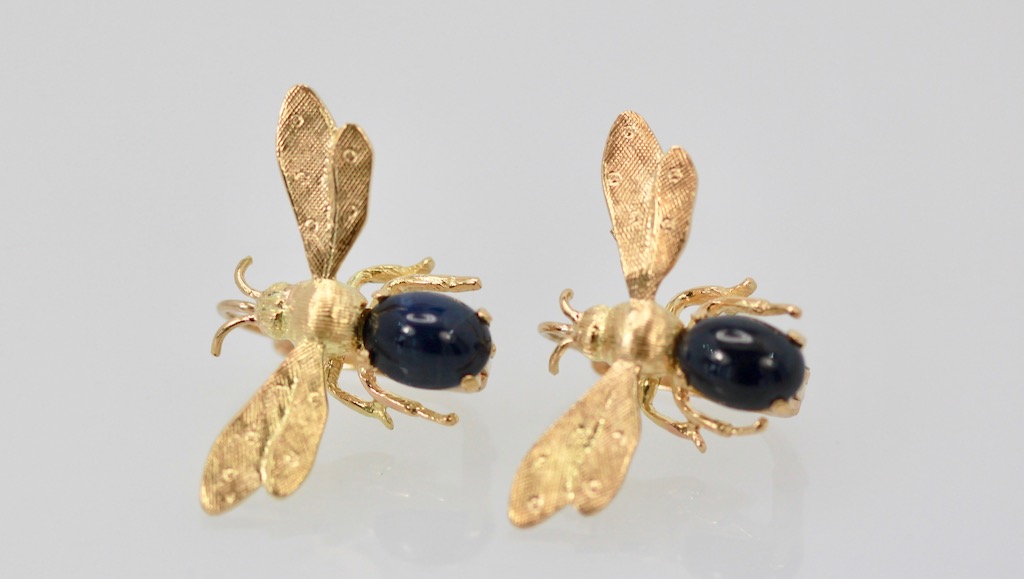 Sapphire Cabochon Fly, Bee, Insect Earrings 18K pair
