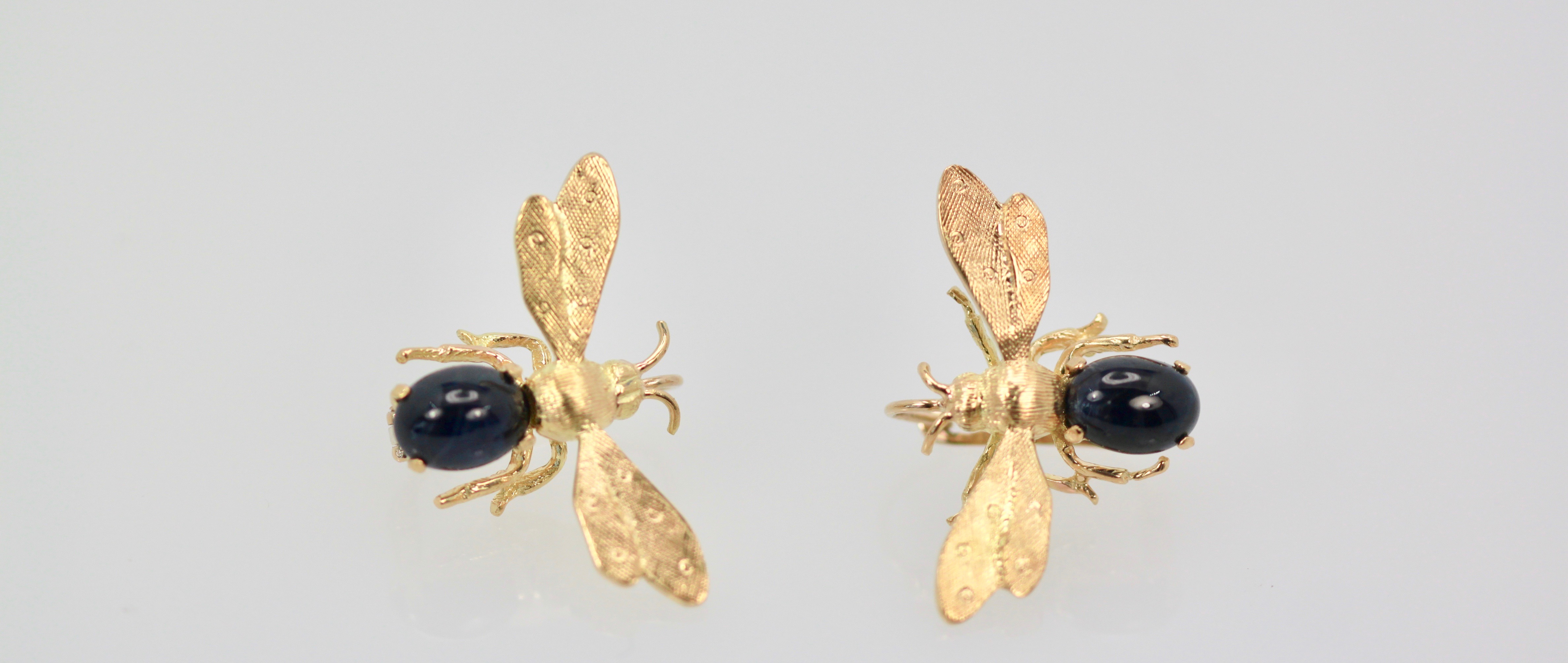 Sapphire Cabochon Fly, Bee, Insect Earrings 18K pair #5