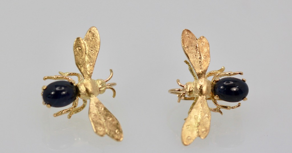 Sapphire Cabochon Fly, Bee, Insect Earrings 18K pair #3