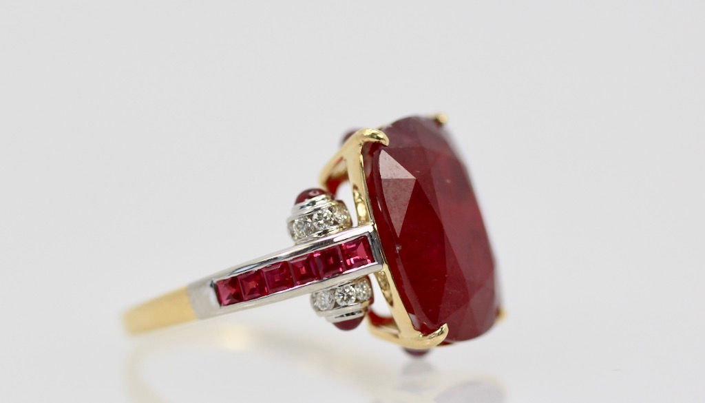 Ruby Diamond Ring with Deco Mount 14K right side