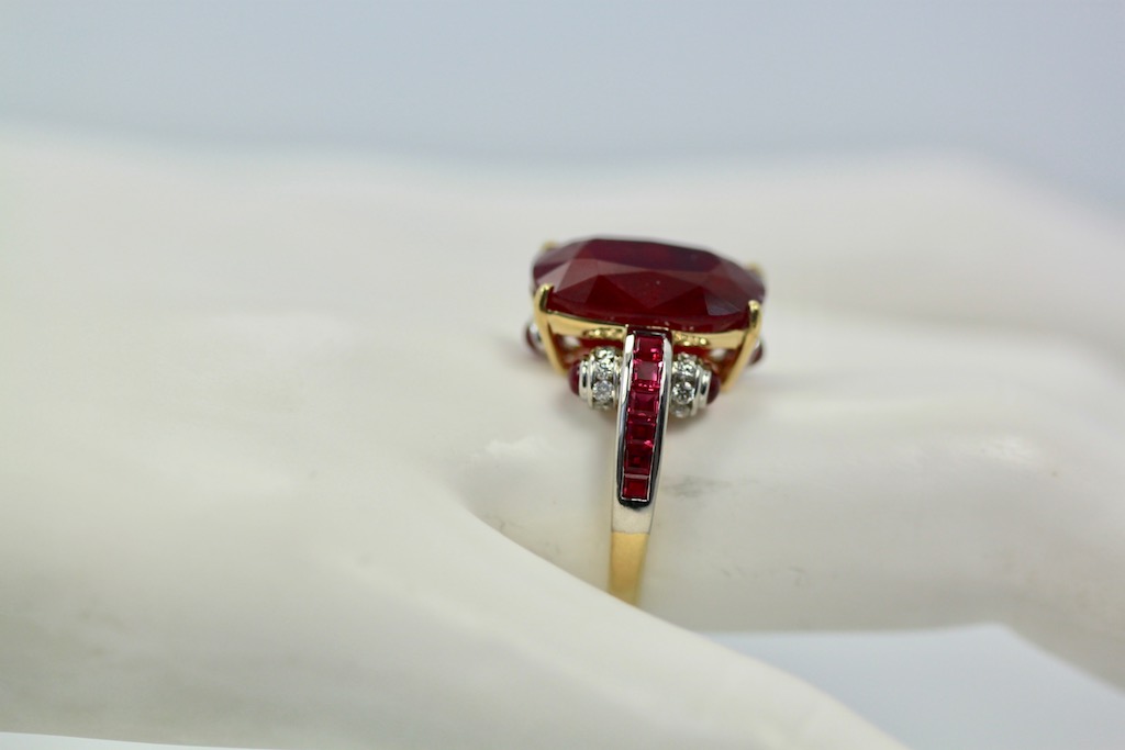 Ruby Diamond Ring with Deco Mount 14K bottom side on finger #3