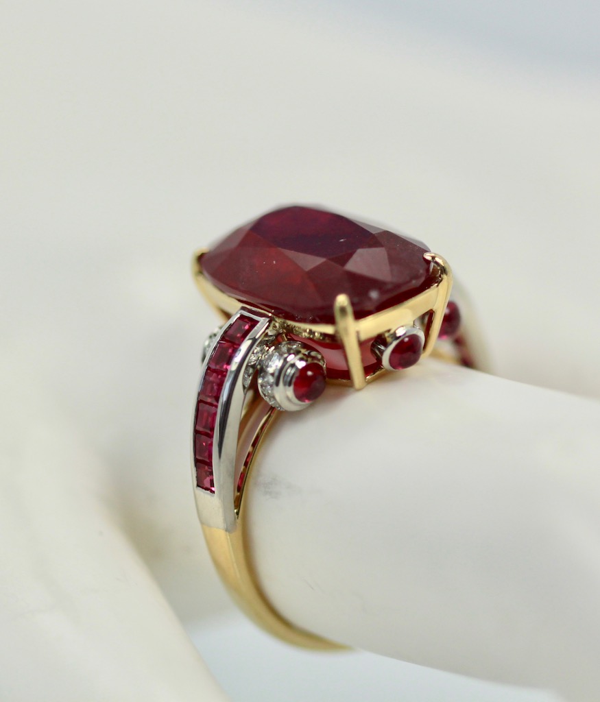 Ruby Diamond Ring with Deco Mount 14K bottom top on finger