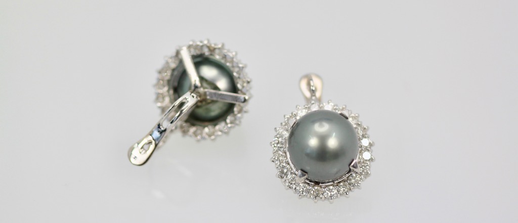Tahitian South Seas Black Pearl Earrings with Diamond Surround back and front