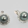 Tahitian South Seas Black Pearl Earrings with Diamond Surround detail