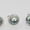 Tahitian South Seas Black Pearl Ring with Diamond surround with earrings