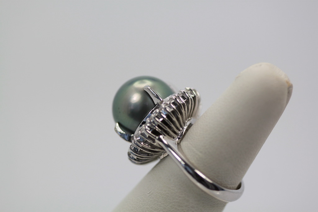Tahitian South Seas Black Pearl Ring with Diamond surround bottom side