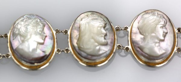 Estate Mother Of Pearl Hand Carved Cameo Bracelet - close up