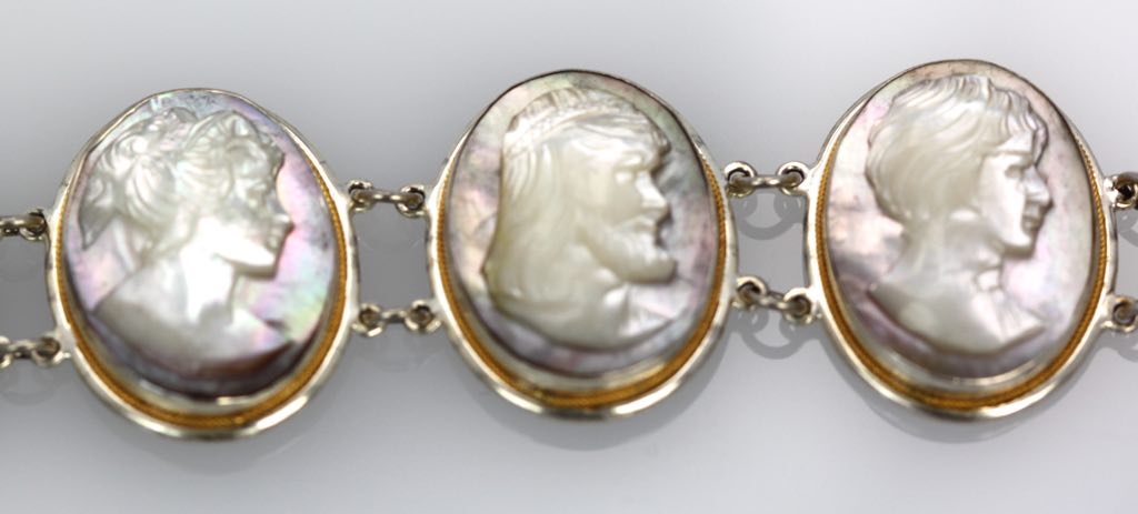 Estate Mother Of Pearl Hand Carved Cameo Bracelet – close up