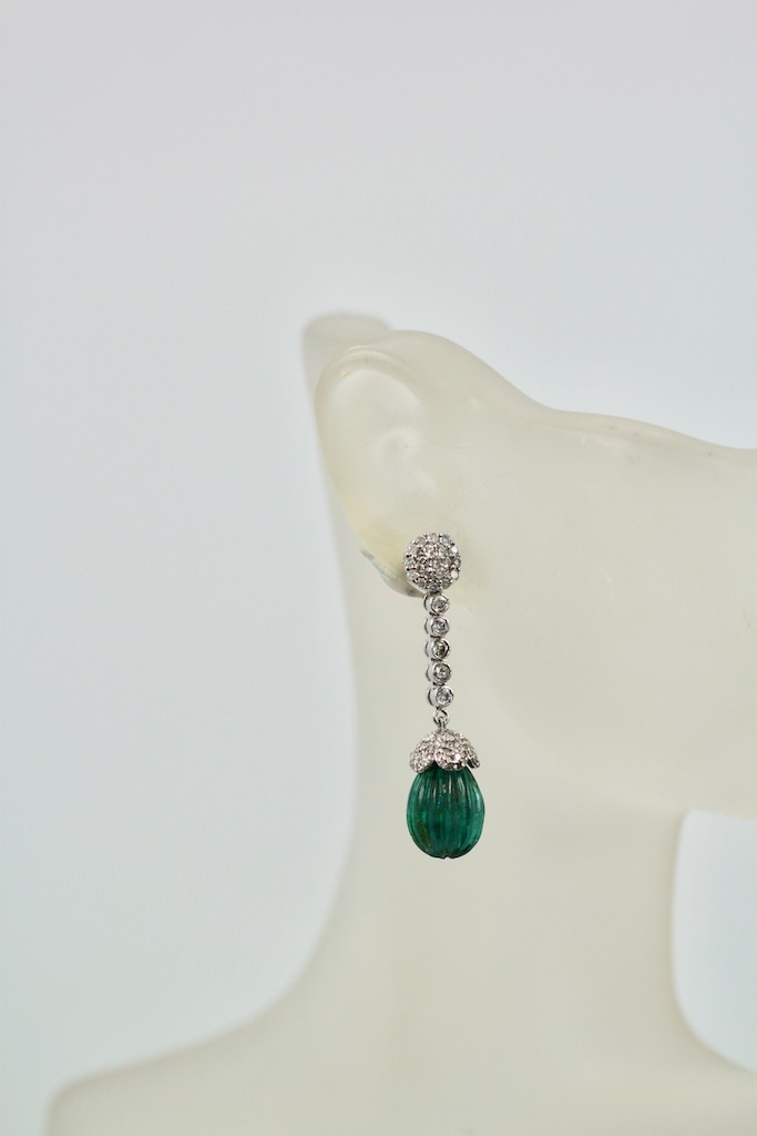 Emerald Fluted Ribbed Diamond Drop Earrings – on model
