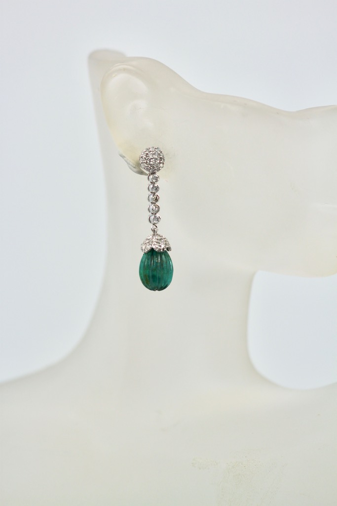 Emerald Fluted Ribbed Diamond Drop Earrings – on model #3