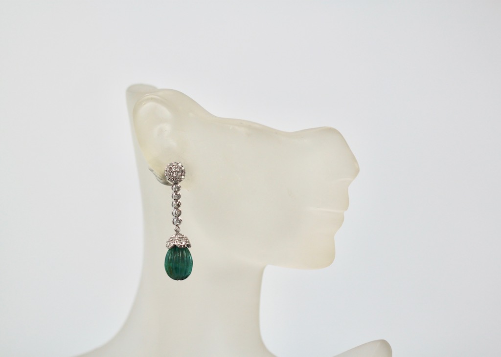 Emerald Fluted Ribbed Diamond Drop Earrings – on model #2