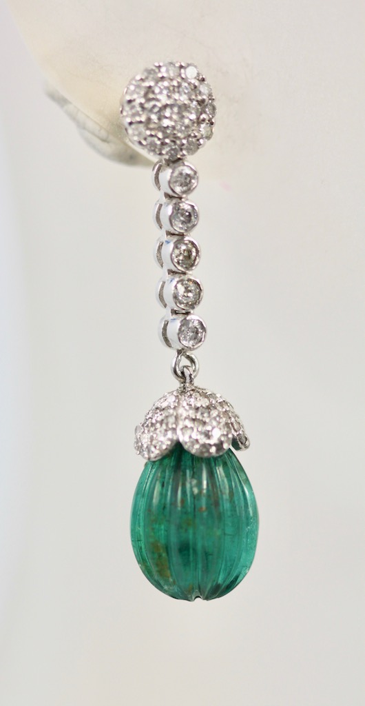 Emerald Fluted Ribbed Diamond Drop Earrings – single hanging #2