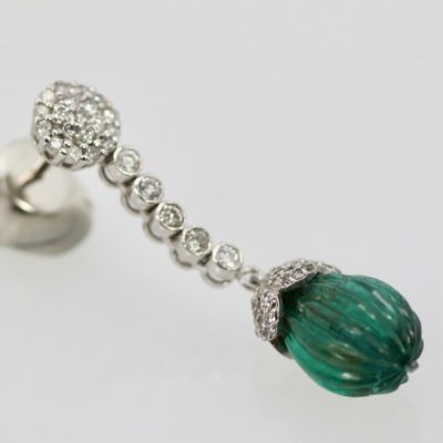 Emerald Fluted Ribbed Diamond Drop Earrings - close up