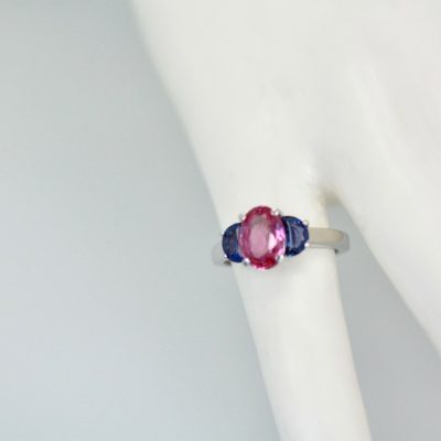 Three-Stone Ring in Pink and Blue Sapphires - on model