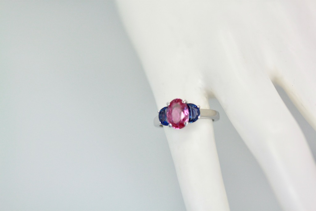 Three-Stone Ring in Pink and Blue Sapphires – on model