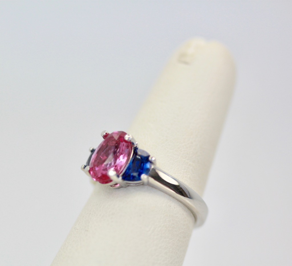 Three-Stone Ring in Pink and Blue Sapphires – side view