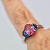 Three-Stone Ring in Pink and Blue Sapphires - on finger #2