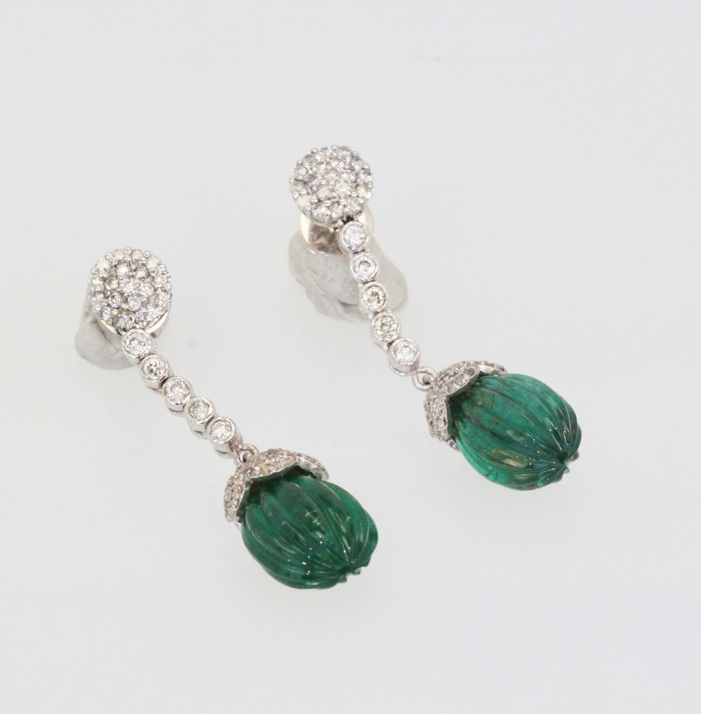 Emerald Fluted Ribbed Diamond Drop Earrings – set #2
